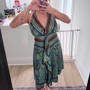 AGB Halter Wrap Midi scarf Dress in Teal, Brown, and Blue